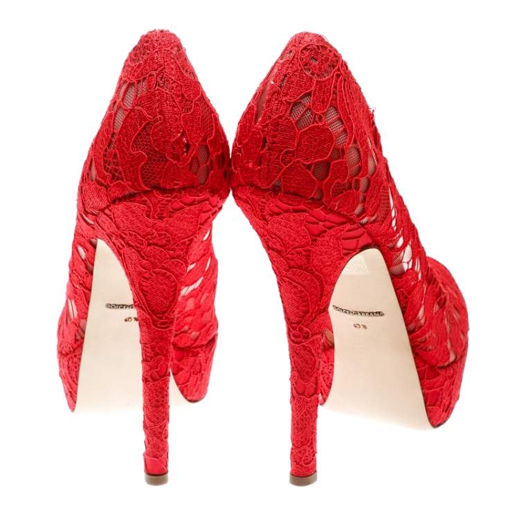 Pre Owned Dolce & Gabbana Red Lace Peep Toe Platform Pumps Size 40.5