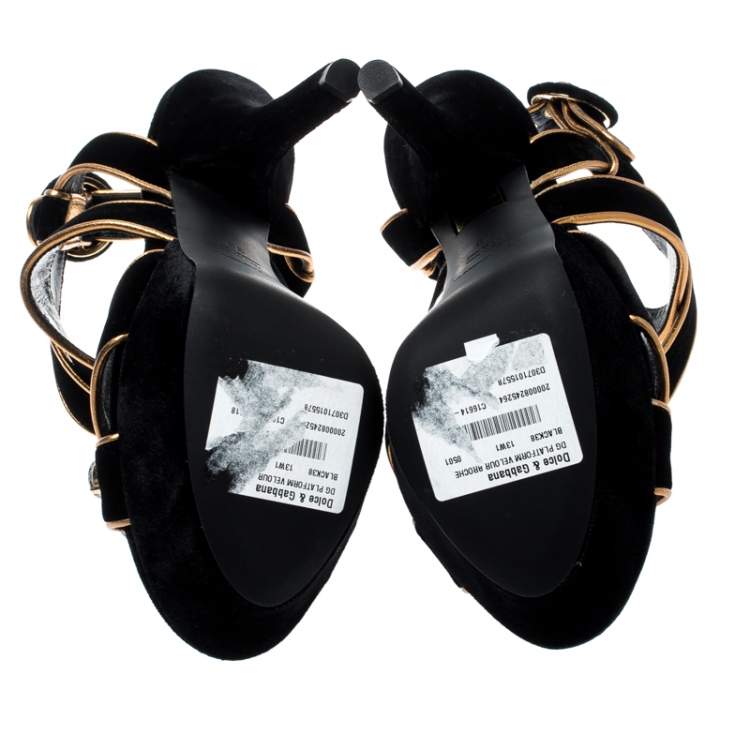 مملوكة مسبقًا Dolce & Gabbana Black Velvet Metallic Gold Leather Trim Crystal Embellished Cross Strap Platform Sandals Size 38