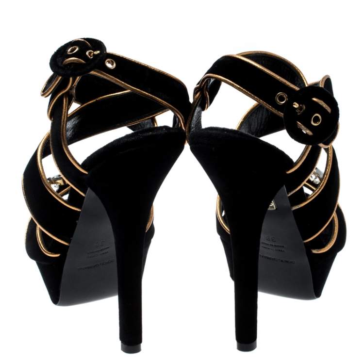 مملوكة مسبقًا Dolce & Gabbana Black Velvet Metallic Gold Leather Trim Crystal Embellished Cross Strap Platform Sandals Size 38