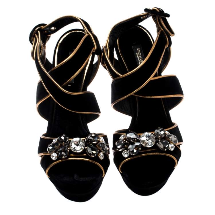 مملوكة مسبقًا Dolce & Gabbana Black Velvet Metallic Gold Leather Trim Crystal Embellished Cross Strap Platform Sandals Size 38