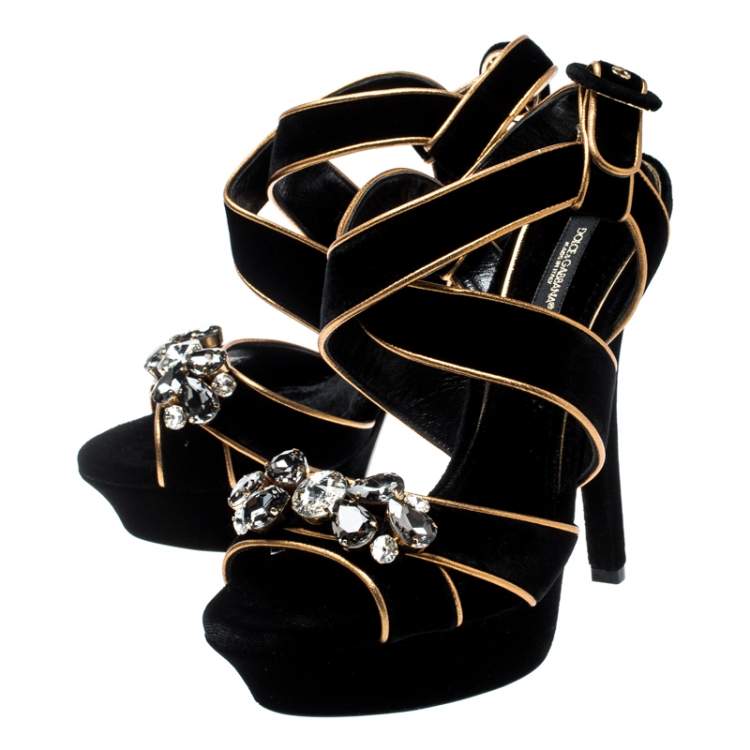 مملوكة مسبقًا Dolce & Gabbana Black Velvet Metallic Gold Leather Trim Crystal Embellished Cross Strap Platform Sandals Size 38