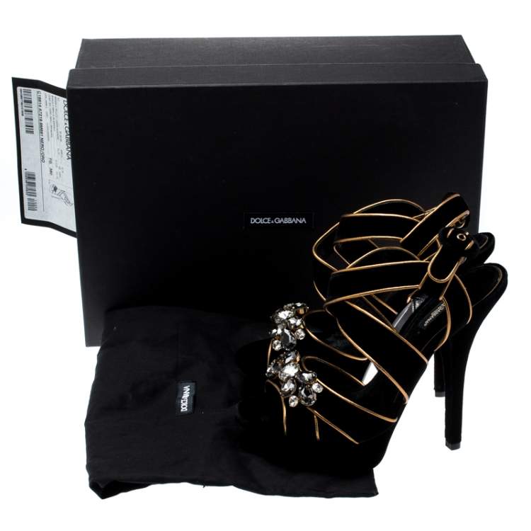 مملوكة مسبقًا Dolce & Gabbana Black Velvet Metallic Gold Leather Trim Crystal Embellished Cross Strap Platform Sandals Size 38