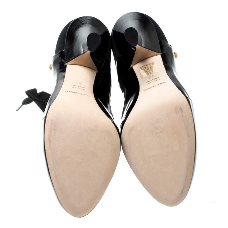 Pre Owned Dolce & Gabbana Black Leather/Stretch Fabric Stud Detail Lace Up Ankle Booties Size 39