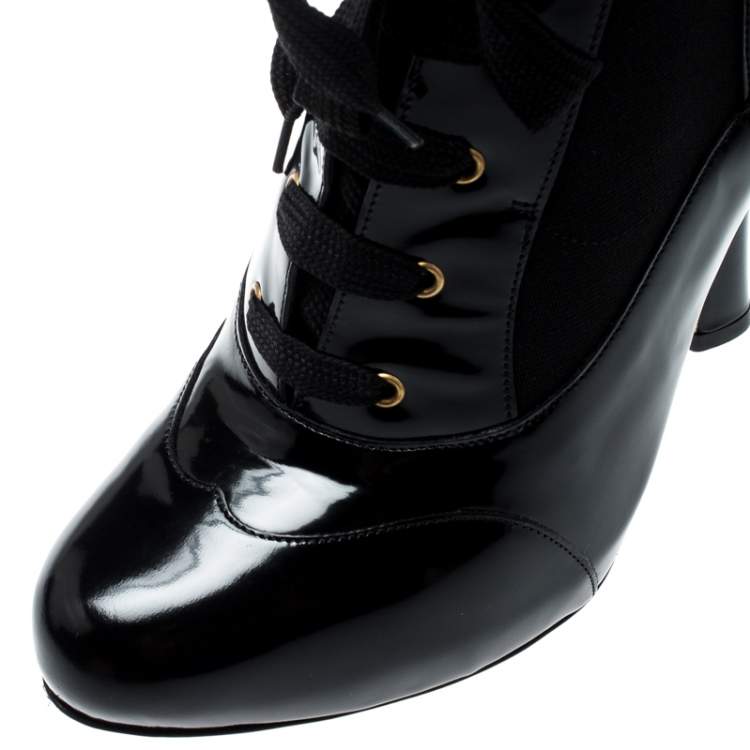 Pre Owned Dolce & Gabbana Black Leather/Stretch Fabric Stud Detail Lace Up Ankle Booties Size 39