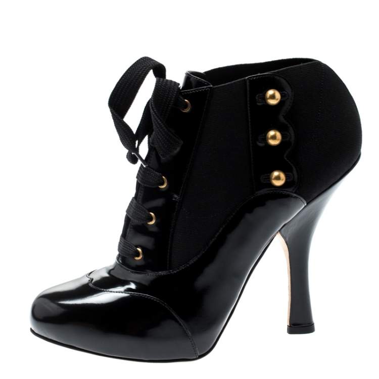 Pre Owned Dolce & Gabbana Black Leather/Stretch Fabric Stud Detail Lace Up Ankle Booties Size 39