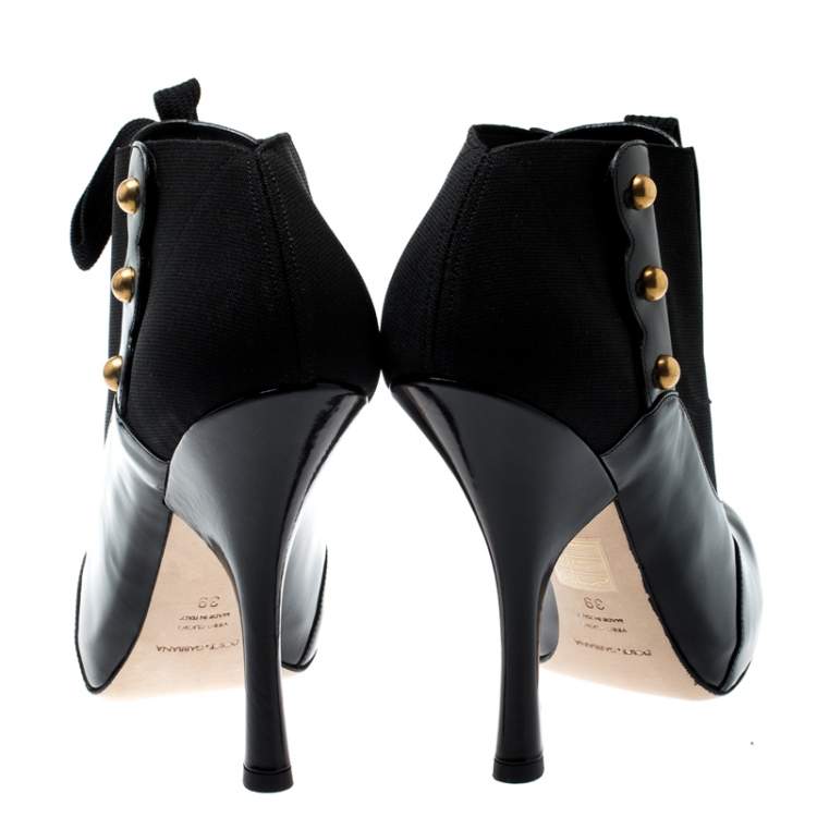 Pre Owned Dolce & Gabbana Black Leather/Stretch Fabric Stud Detail Lace Up Ankle Booties Size 39