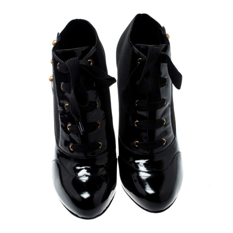 Pre Owned Dolce & Gabbana Black Leather/Stretch Fabric Stud Detail Lace Up Ankle Booties Size 39