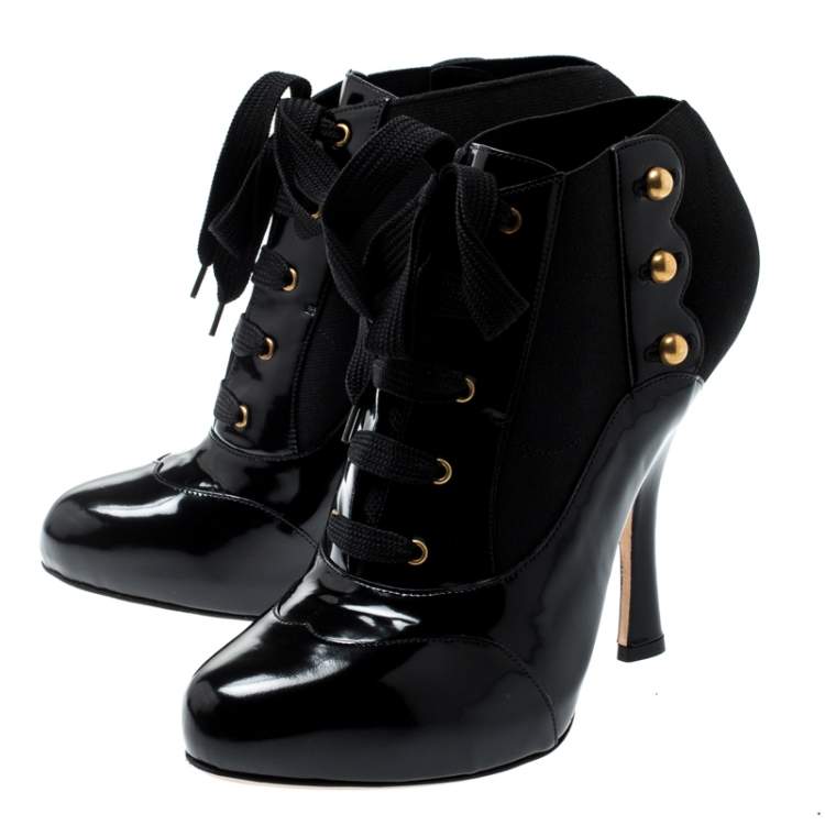 Pre Owned Dolce & Gabbana Black Leather/Stretch Fabric Stud Detail Lace Up Ankle Booties Size 39