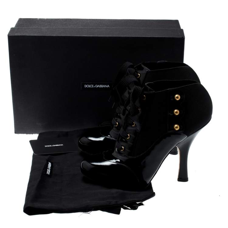 Pre Owned Dolce & Gabbana Black Leather/Stretch Fabric Stud Detail Lace Up Ankle Booties Size 39