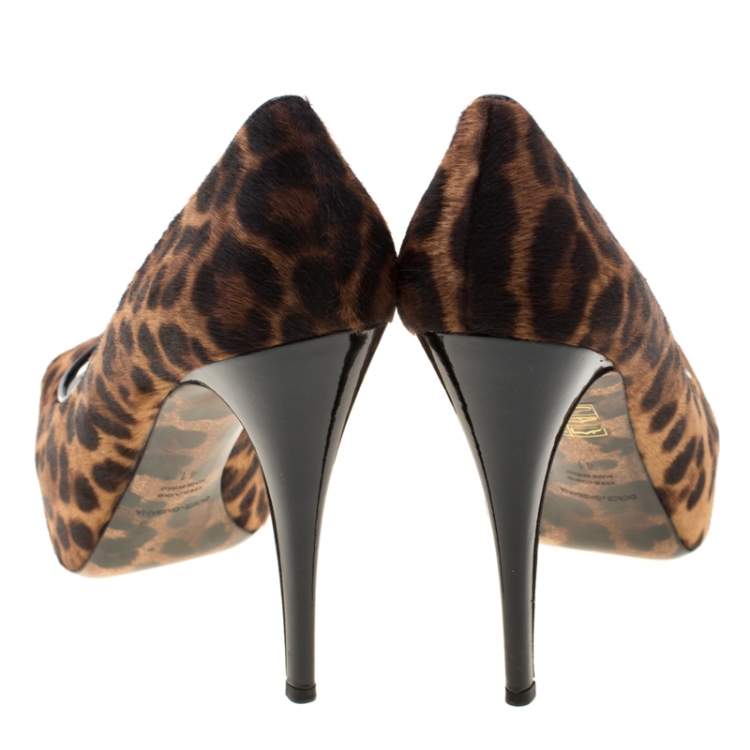 Pre Owned Dolce & Gabbana Brown Leopard Print Calf Hair Peep Toe Platform Pumps Size 41