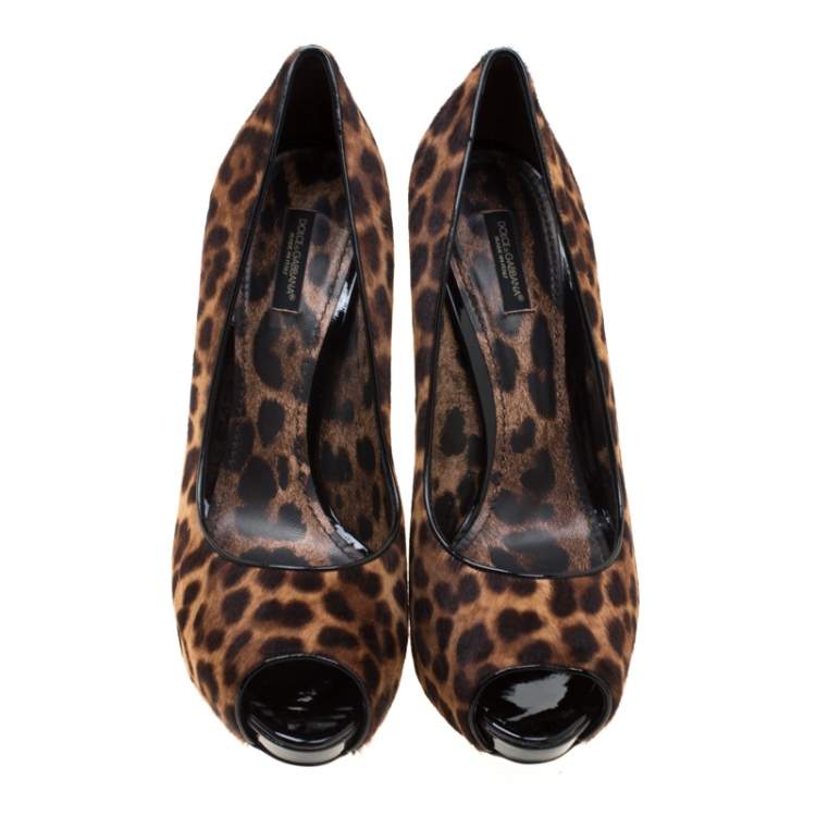Pre Owned Dolce & Gabbana Brown Leopard Print Calf Hair Peep Toe Platform Pumps Size 41