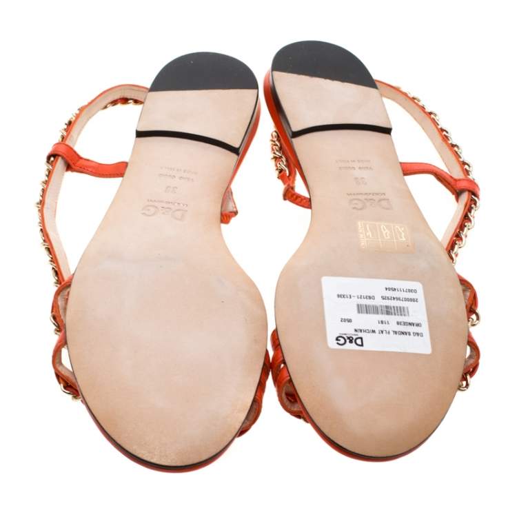 Pre Owned Dolce & Gabbana Orange Leather Chain Slingback Flat Sandals Size 38