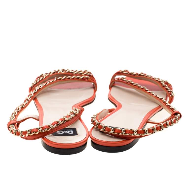Pre Owned Dolce & Gabbana Orange Leather Chain Slingback Flat Sandals Size 38
