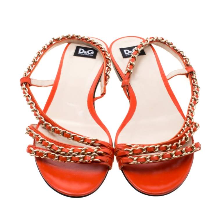 Pre Owned Dolce & Gabbana Orange Leather Chain Slingback Flat Sandals Size 38