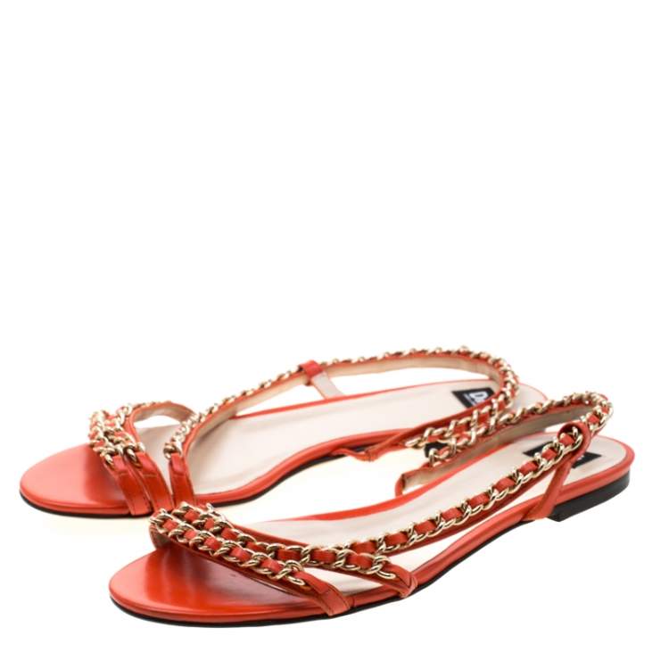 Pre Owned Dolce & Gabbana Orange Leather Chain Slingback Flat Sandals Size 38