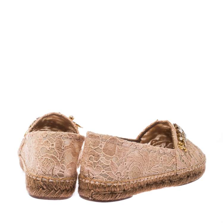 Pre Owned Dolce & Gabbana Beige Lace Embellished Espadrilles Size 38