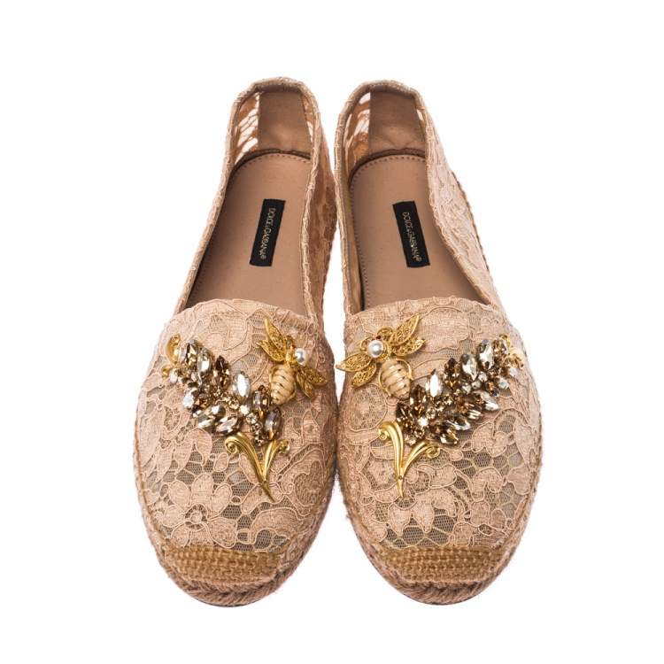 Pre Owned Dolce & Gabbana Beige Lace Embellished Espadrilles Size 38