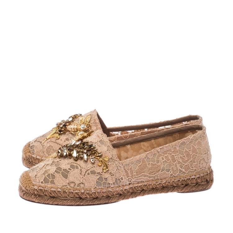 Pre Owned Dolce & Gabbana Beige Lace Embellished Espadrilles Size 38