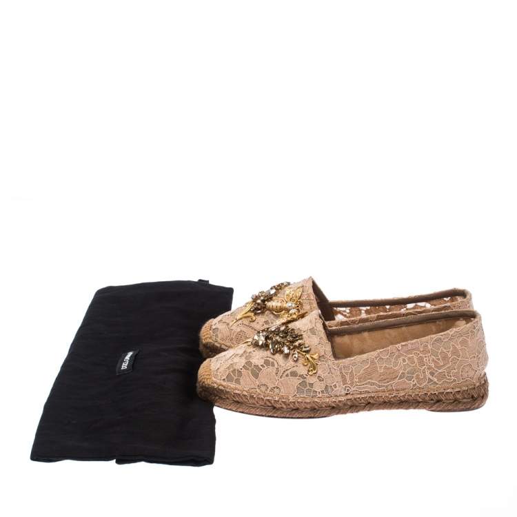 Pre Owned Dolce & Gabbana Beige Lace Embellished Espadrilles Size 38