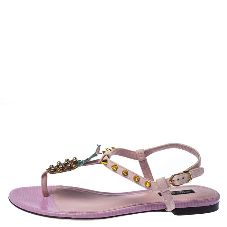 Pre Owned Dolce & Gabbana Pink Suede Leather Pineapple Embellished Flats Sandals Size 37 