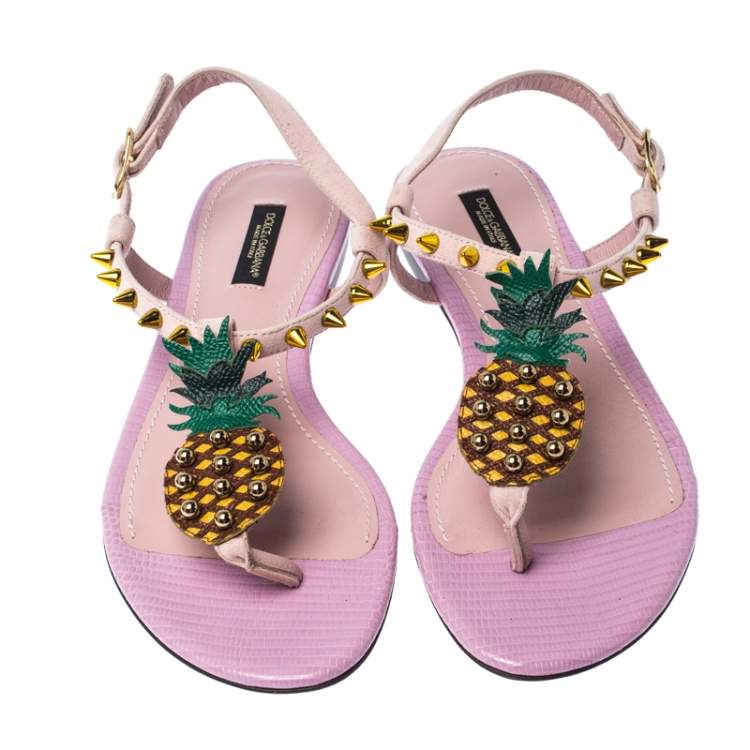 Pre Owned Dolce & Gabbana Pink Suede Leather Pineapple Embellished Flats Sandals Size 37 