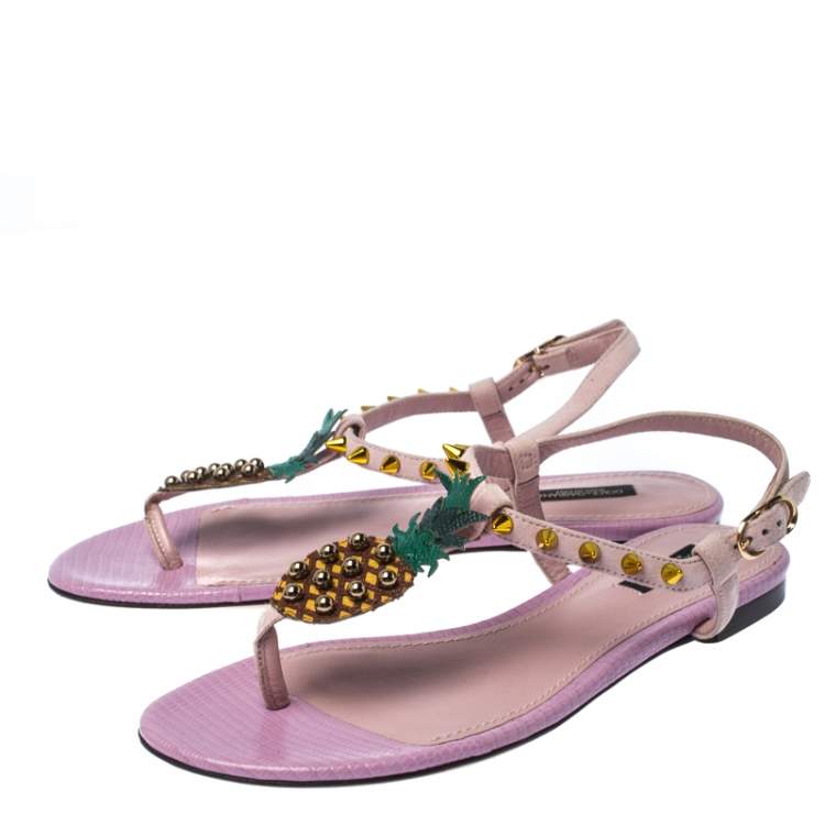 Pre Owned Dolce & Gabbana Pink Suede Leather Pineapple Embellished Flats Sandals Size 37 