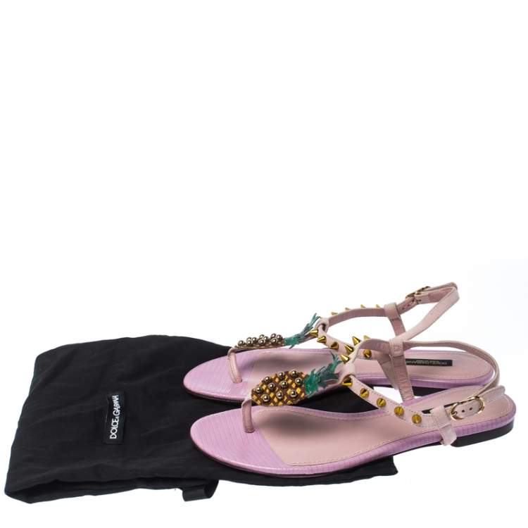 Pre Owned Dolce & Gabbana Pink Suede Leather Pineapple Embellished Flats Sandals Size 37 