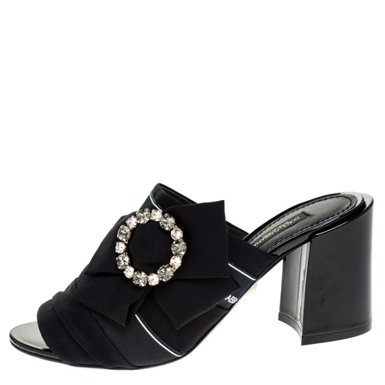 Pre Owned Dolce & Gabbana Black Satin Crystal Embellished Bow Open Toe Mules Size 36.5