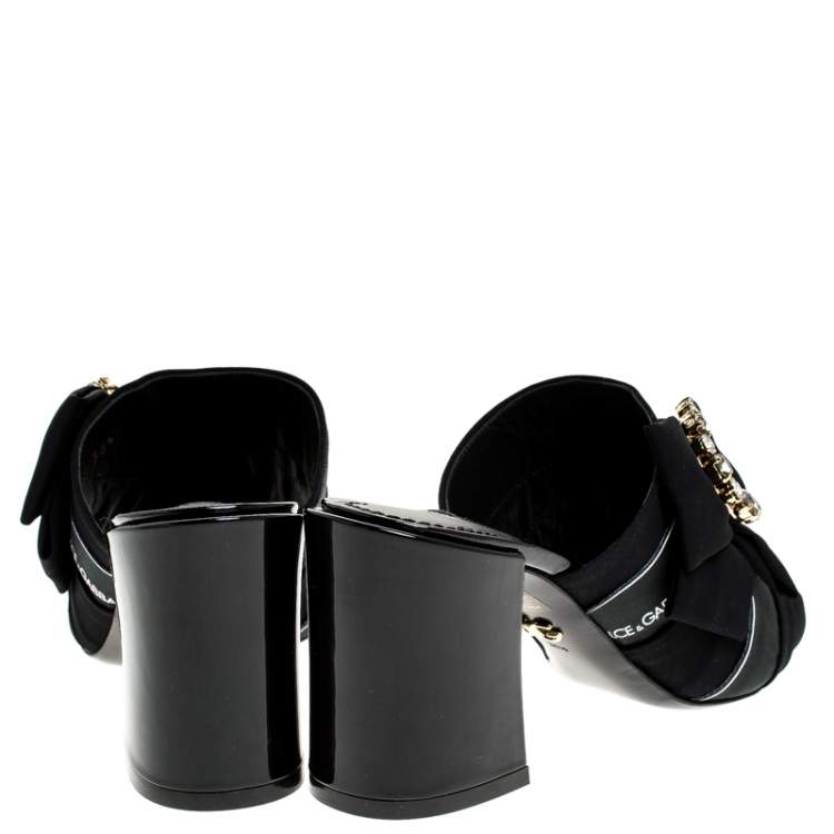 Pre Owned Dolce & Gabbana Black Satin Crystal Embellished Bow Mules Size 36