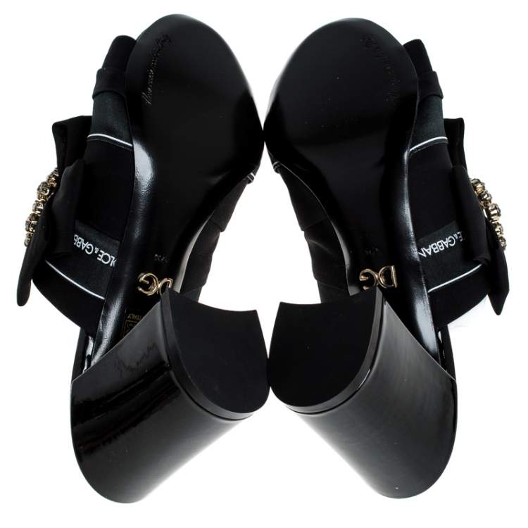 Pre Owned Dolce & Gabbana Black Satin Crystal Embellished Open Toe Mules Size 37.5