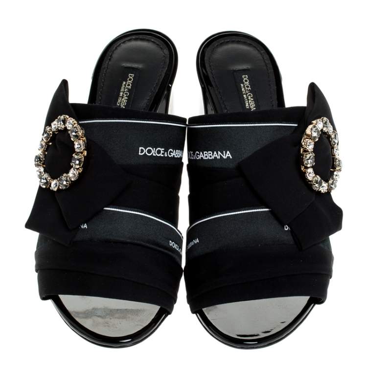 Pre Owned Dolce & Gabbana Black Satin Crystal Embellished Open Toe Mules Size 37.5