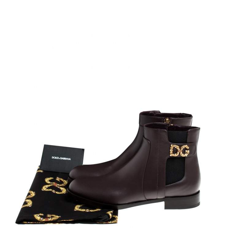 Pre Owned Dolce & Gabbana Brown Leather Logo Detail Ankle Boots Size 39