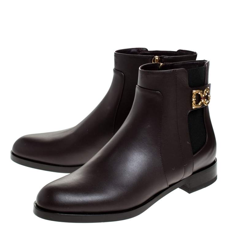 Pre Owned Dolce & Gabbana Brown Leather Logo Detail Ankle Boots Size 40