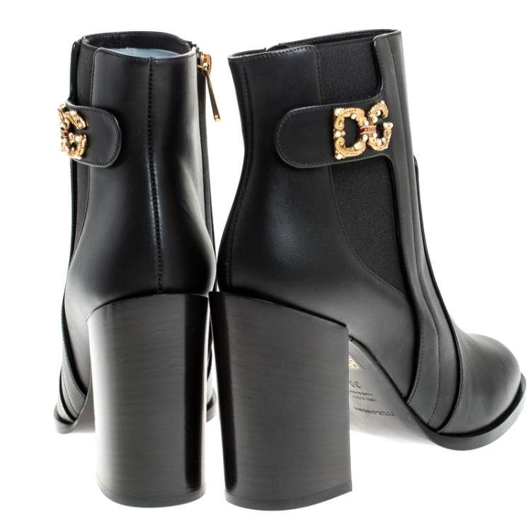 Pre Owned Dolce & Gabbana Black Leather Logo Detail Ankle Boots Size 38