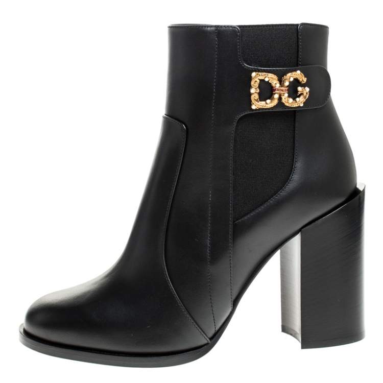 Pre Owned Dolce & Gabbana Black Leather Logo Detail Ankle Boots Size 38