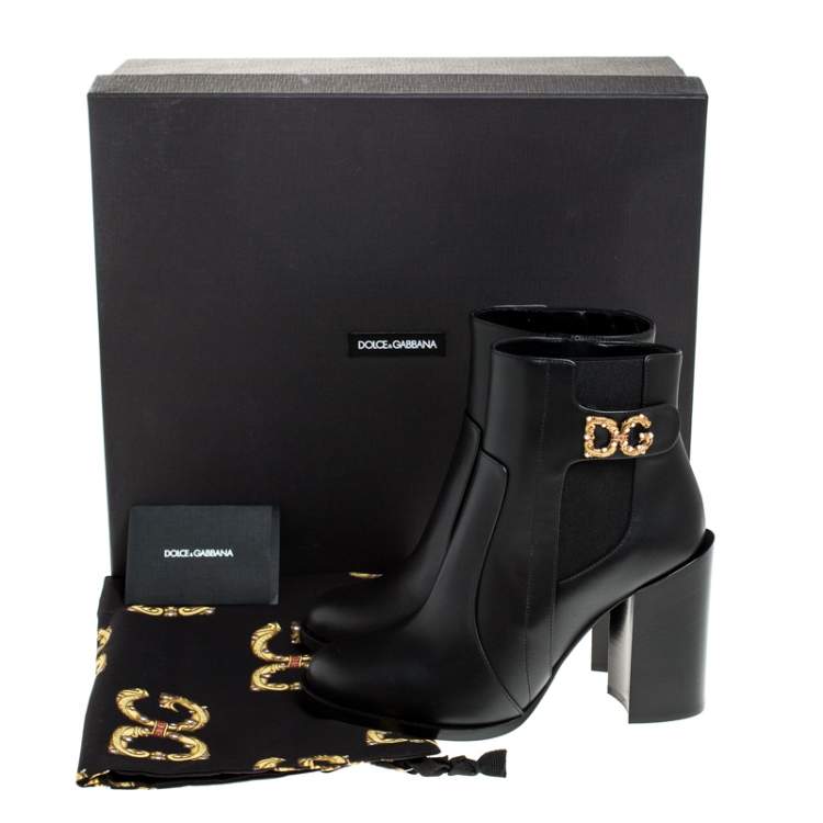 Pre Owned Dolce & Gabbana Black Leather Logo Detail Ankle Boots Size 38