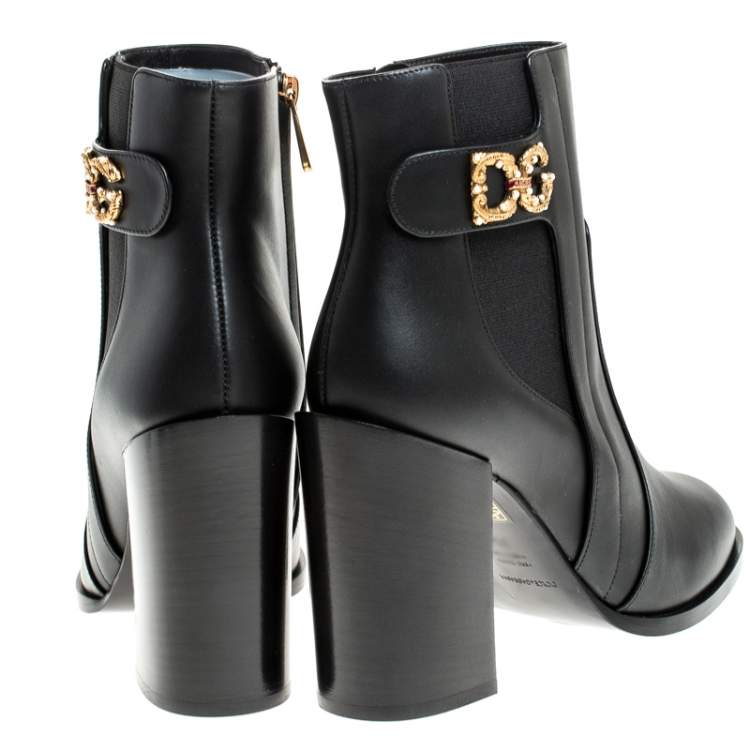 Pre Owned Dolce & Gabbana Black Leather Logo Detail Ankle Boots Size 38.5