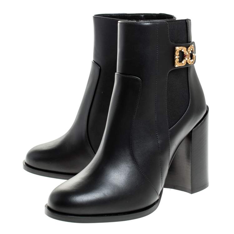 Pre Owned Dolce & Gabbana Black Leather Logo Detail Ankle Boots Size 38.5