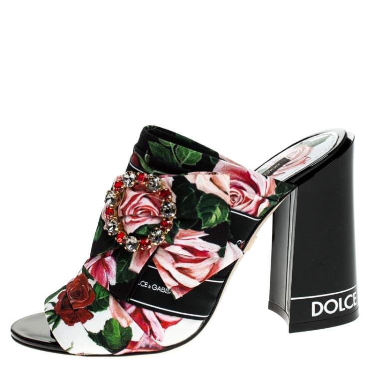 Pre Owned Dolce & Gabbana Multicolored Charmeuse Printed Fabric Bejeweled Buckle Mules Size 40