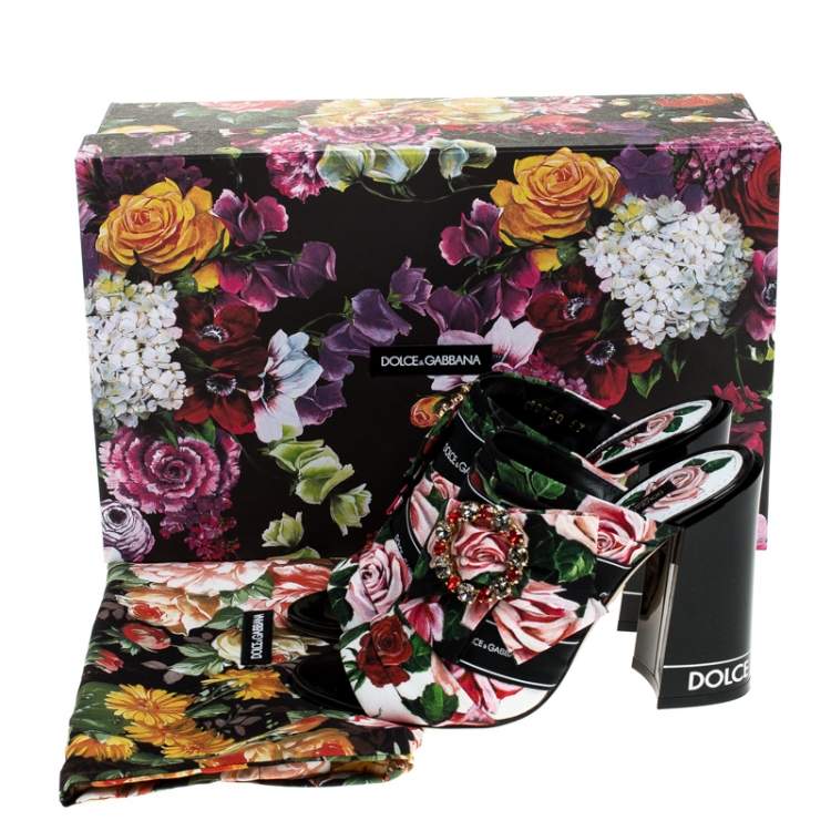 Pre Owned Dolce & Gabbana Multicolored Charmeuse Printed Fabric Bejeweled Buckle Mules Size 40
