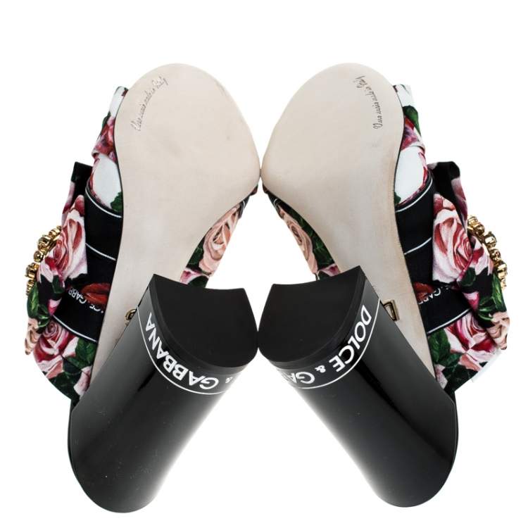 Pre Owned Dolce & Gabbana Multicolored Charmeuse Printed Fabric Bejeweled Buckle Mules Size 39