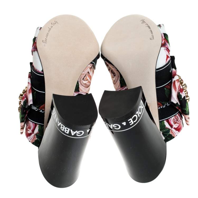 Pre Owned Dolce & Gabbana Multicolored Charmeuse Printed Fabric Bejeweled Buckle Mules Size 37