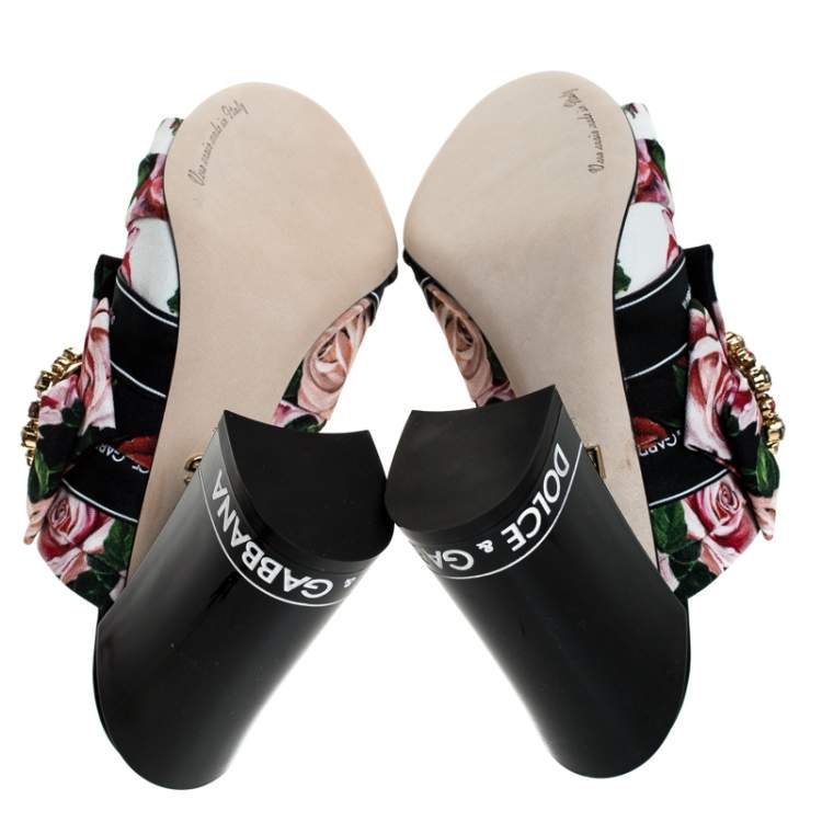 Pre Owned Dolce & Gabbana Multicolor Floral Printed Fabric Crystal Embellished Bow Open Toe Mules Size 37.5