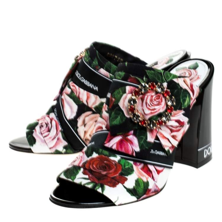 مملوكة مسبقًا Dolce & Gabbana Multicolor Floral Printed Fabric Crystal Embellished Bow Open Toe Mules Size 38
