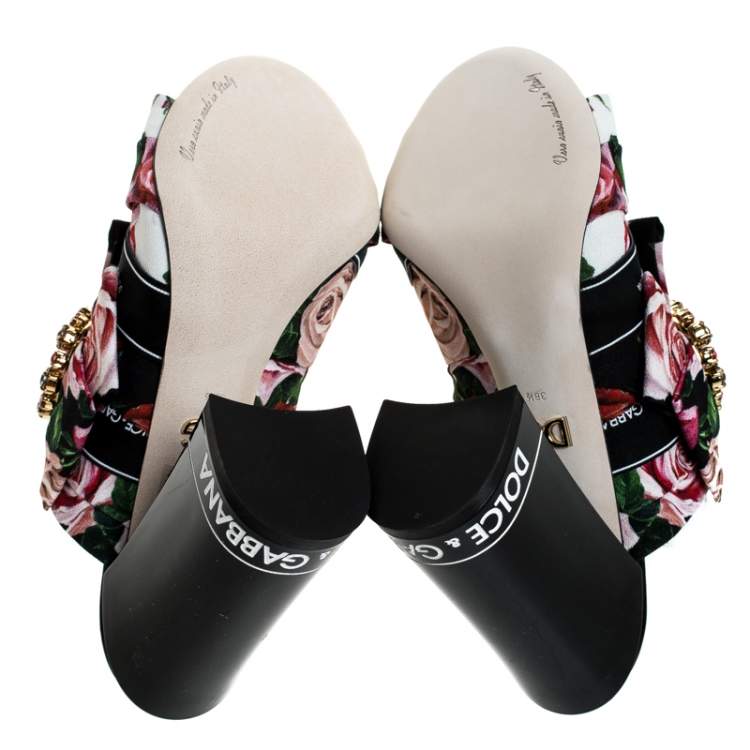 Pre Owned Dolce & Gabbana Multicolor Floral Printed Fabric Crystal Embellished Bow Open Toe Mules Size 38.5