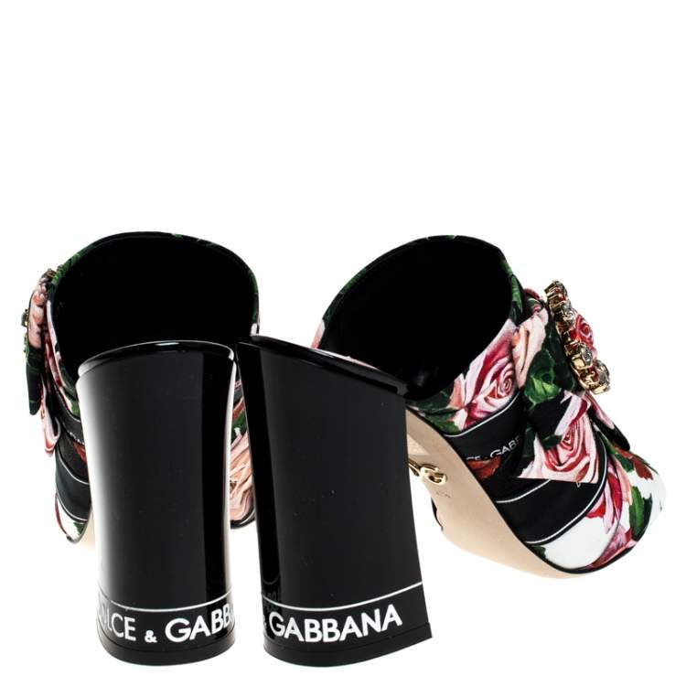 Pre Owned Dolce & Gabbana Multicolor Floral Printed Fabric Crystal Embellished Bow Open Toe Mules Size 38.5