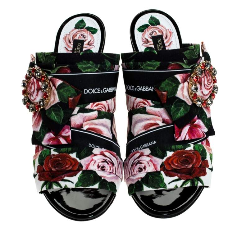 Pre Owned Dolce & Gabbana Multicolor Floral Printed Fabric Crystal Embellished Bow Open Toe Mules Size 38.5