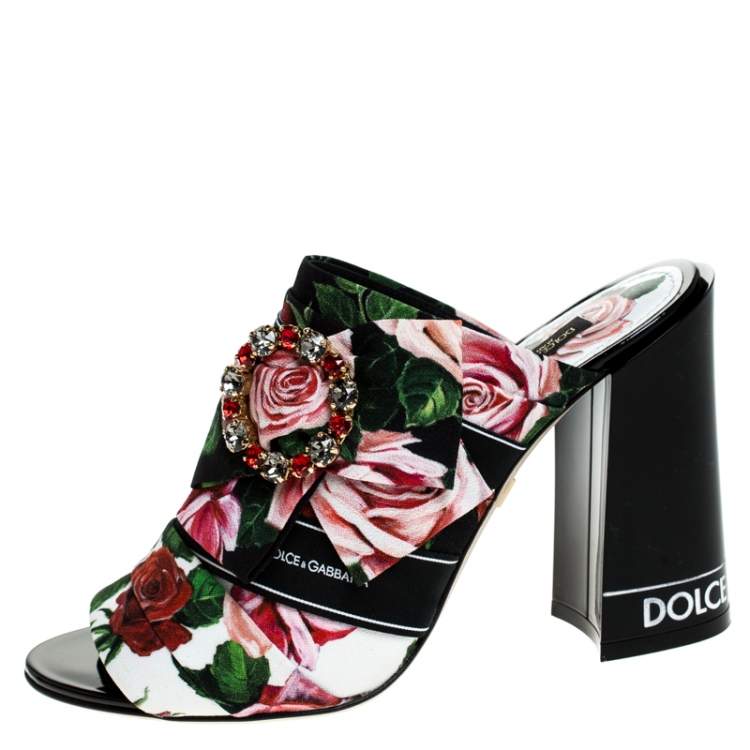 Pre Owned Dolce & Gabbana Multicolor Floral Printed Fabric Crystal Embellished Bow Open Toe Mules Size 38.5