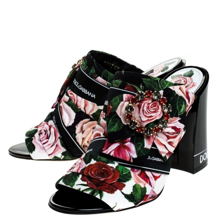 Pre Owned Dolce & Gabbana Multicolor Floral Printed Fabric Crystal Embellished Bow Open Toe Mules Size 38.5