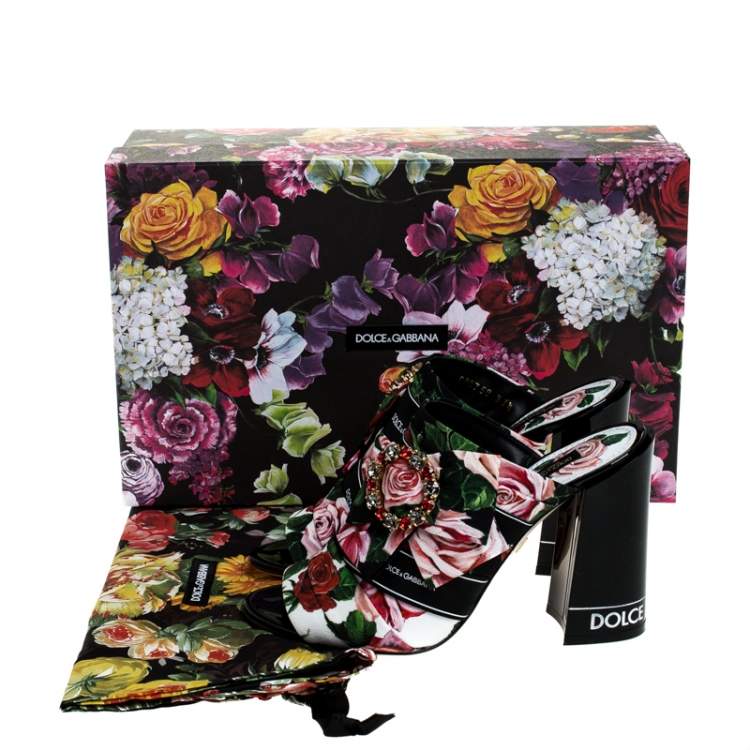Pre Owned Dolce & Gabbana Multicolor Floral Printed Fabric Crystal Embellished Bow Open Toe Mules Size 38.5